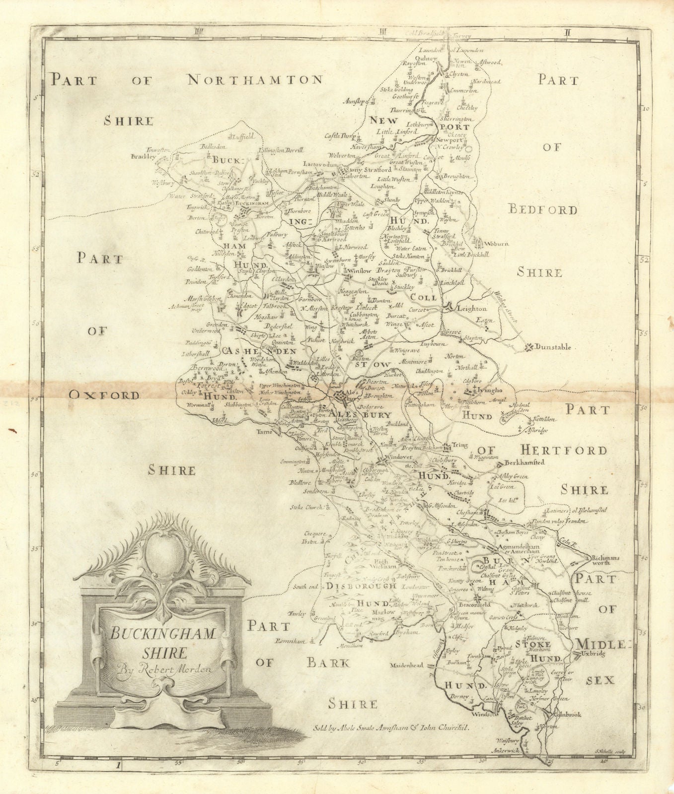 BUCKINGHAMSHIRE by ROBERT MORDEN from Camden's Britannia 1695 old antique map